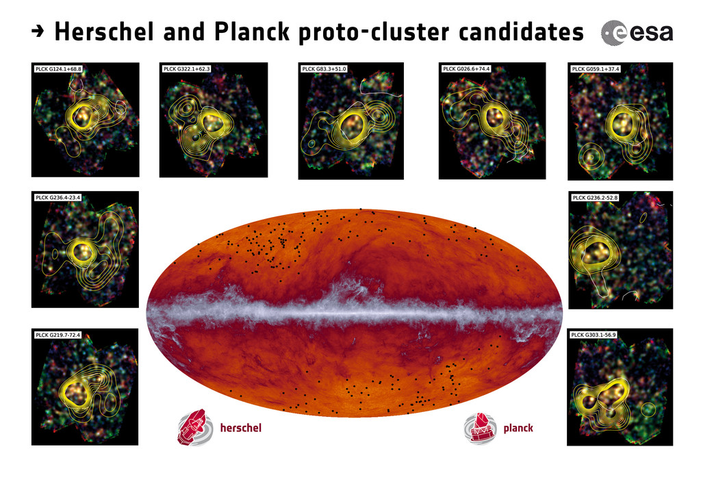 The Planck all-sky map at submillimeter wavelengths . The band running through the middle corresponds to dust in our Milky Way galaxy. The black dots indicate the location of the proto-cluster candidates identified by Planck and subsequently observed by H The Planck all-sky map at submillimeter wavelengths . The band running through the middle corresponds to dust in our Milky Way galaxy. The black dots indicate the location of the proto-cluster candidates identified by Planck and subsequently observed by H